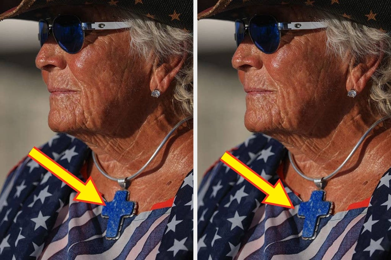 Person wearing star-patterned scarf and blue cross necklace, with sunglasses and hat, looking forward. Arrows highlight the necklace