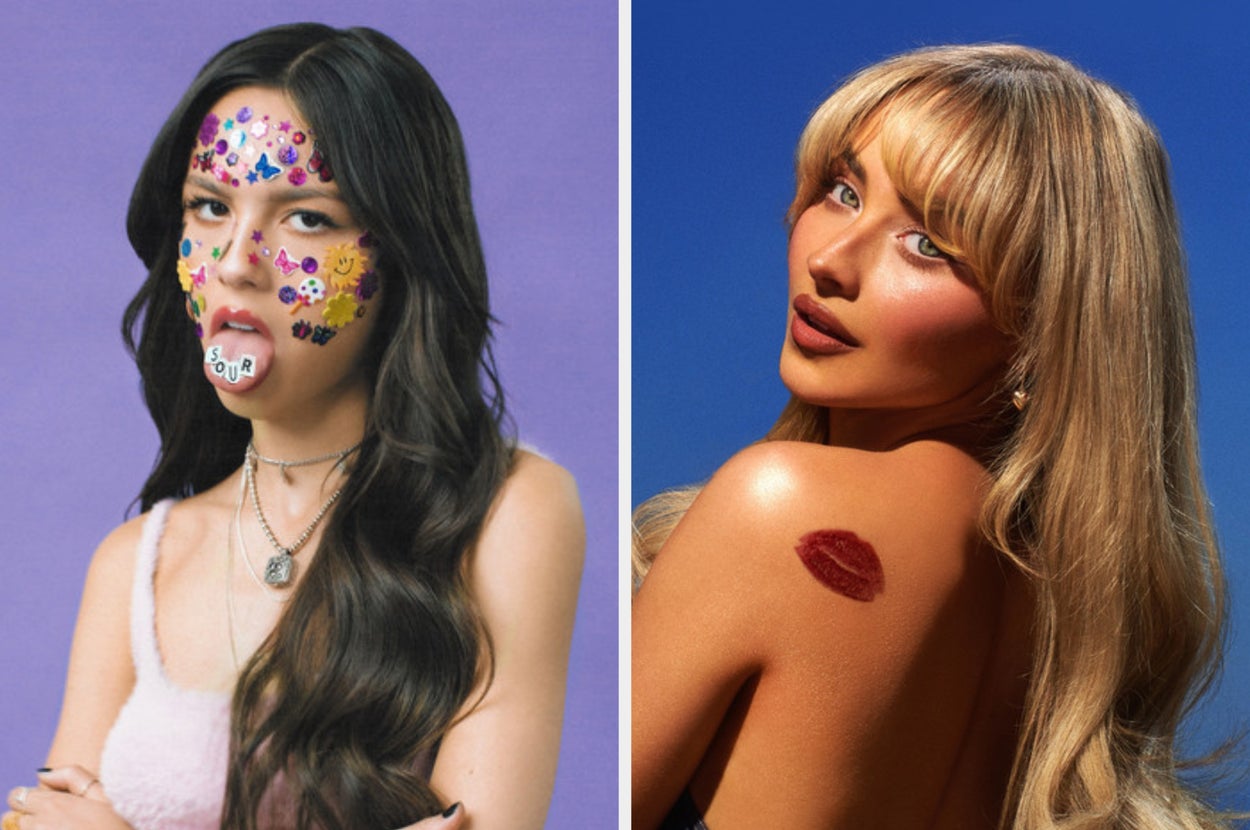 On the left, Olivia Rodrigo on the Sour album cover, and on the right, Sabrina Carpenter on the Short n' Sweet album cover