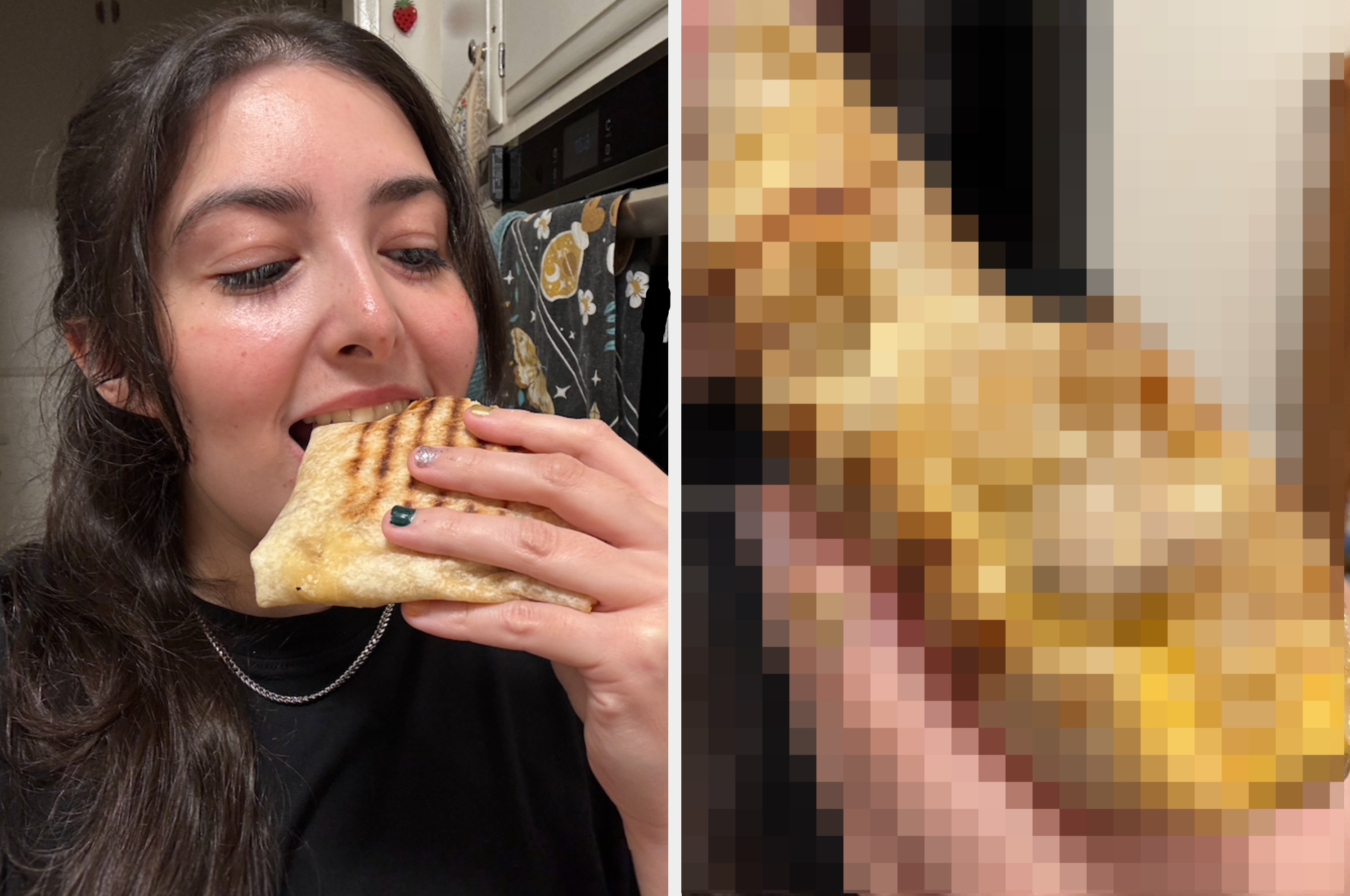 Person enjoying a cheesy, grilled wrap filled with meat and onions. Close-up on the left shows the wrap's gooey interior