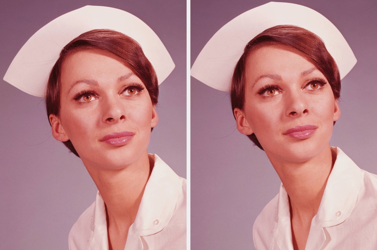 A person wearing a nurse's cap and uniform, looking upwards with a thoughtful expression. The image has a vintage aesthetic
