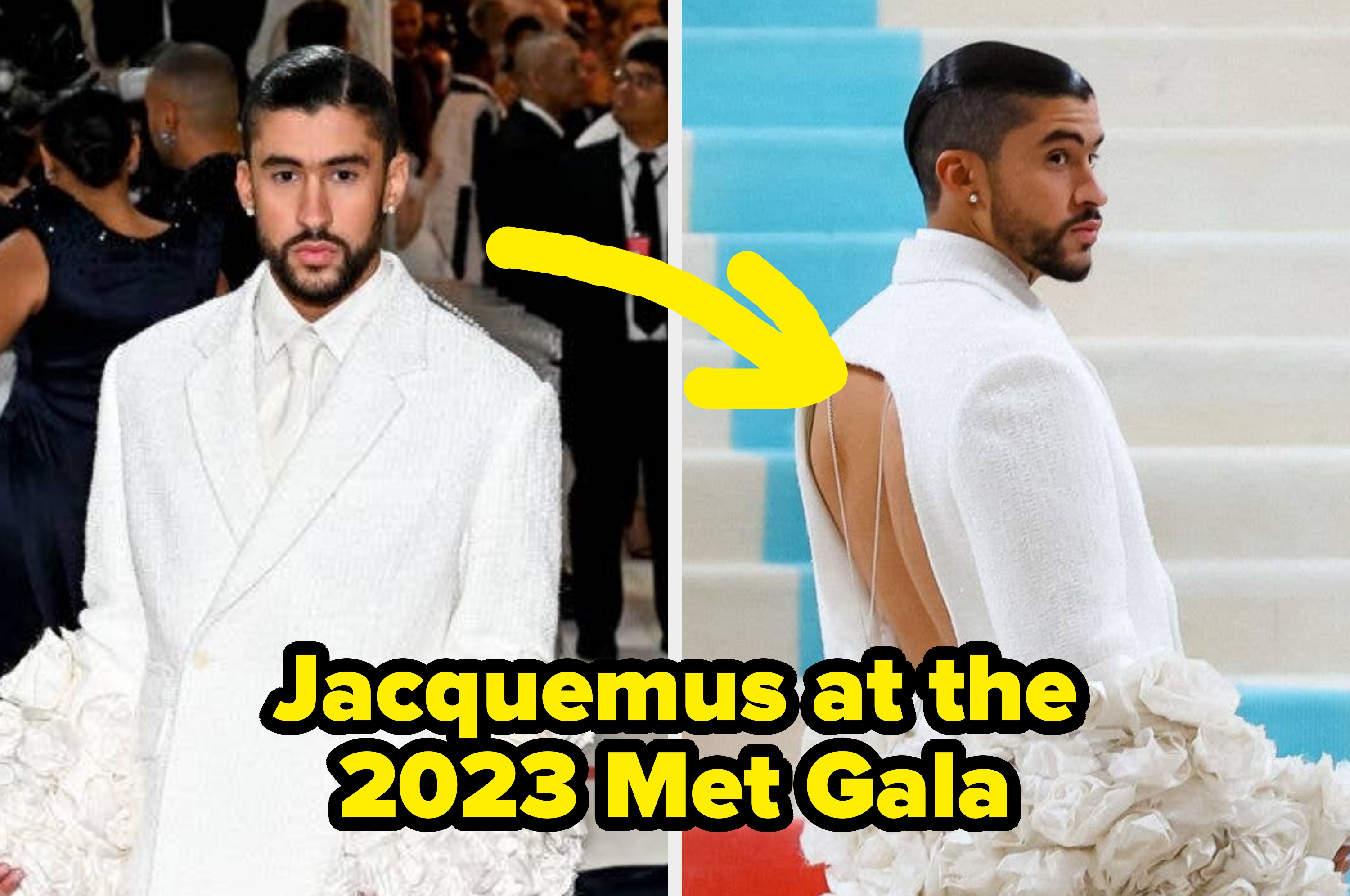 Celebrity on red carpet wearing a white textured suit with rose details and an open-back design, posing in both front and back views