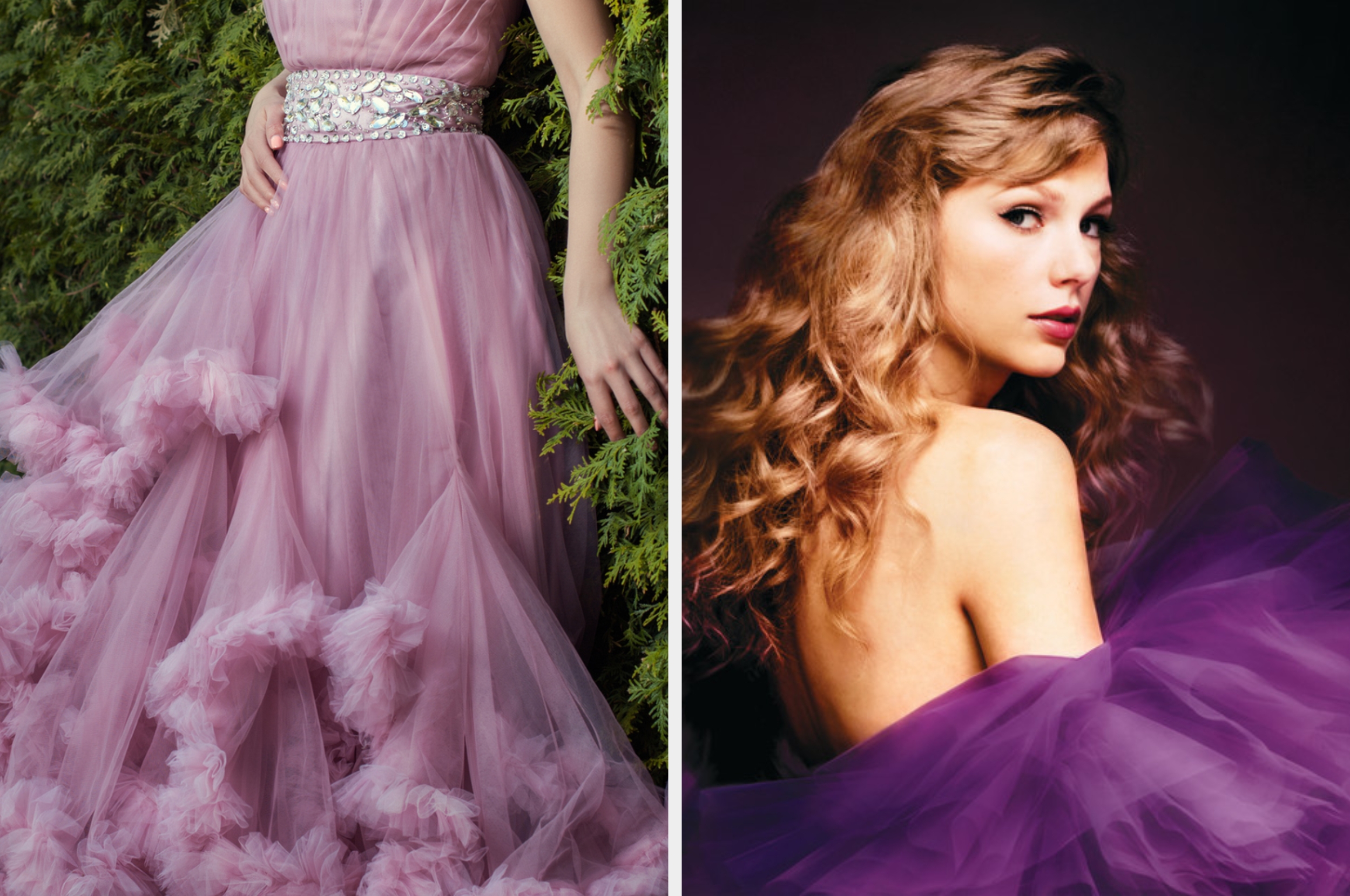 Two images: Left shows a person in a flowing, ruffled gown near greenery. Right shows a person with wavy hair draped in a sheer fabric