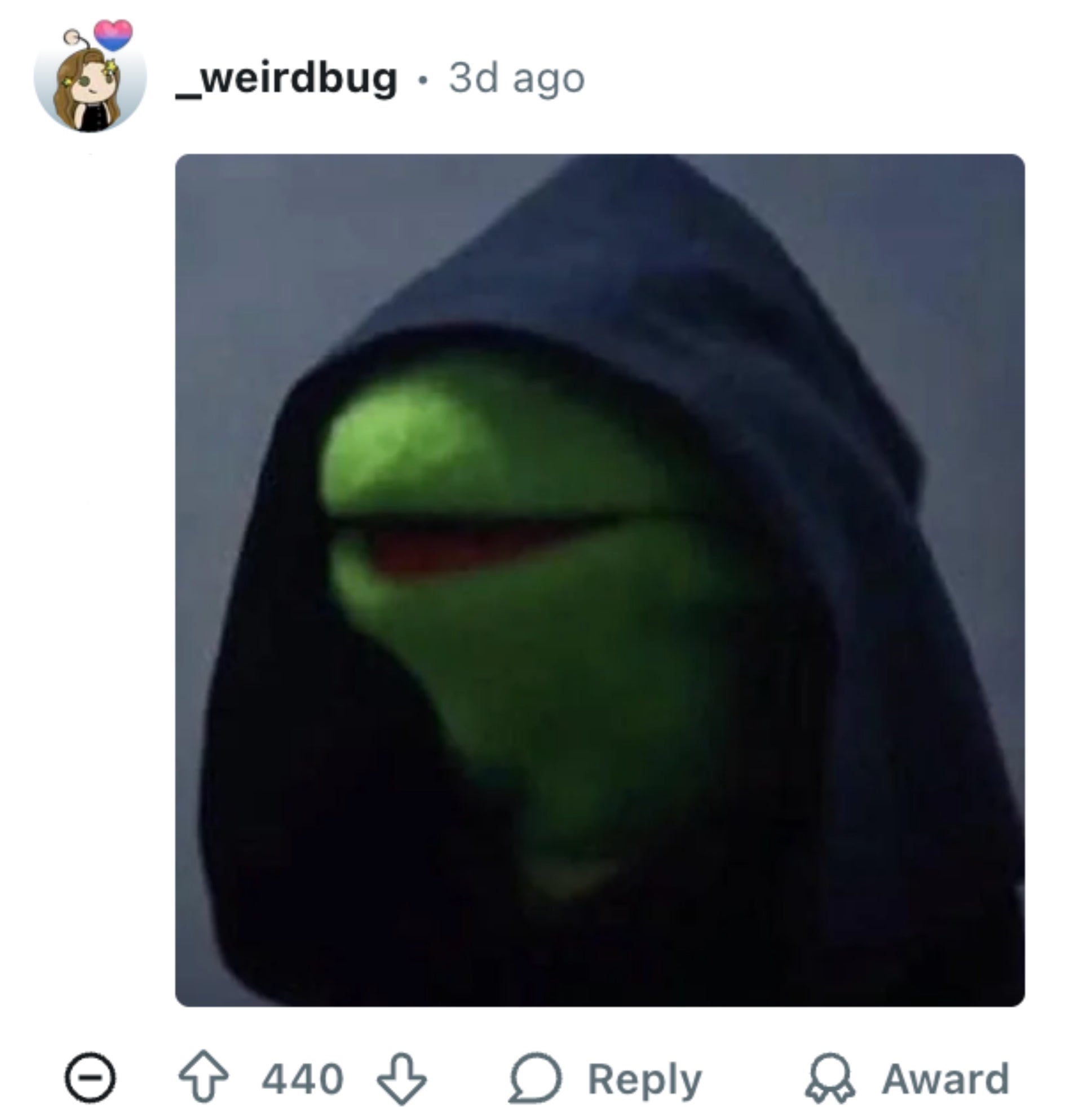 Kermit in a hooded cloak with a serious expression, mimicking a dramatic or ominous look
