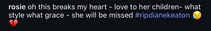 Rosie O'Donnell expressing sorrow and admiration, mourning someone named Diane Keaton, offering condolences and highlighting her style and grace