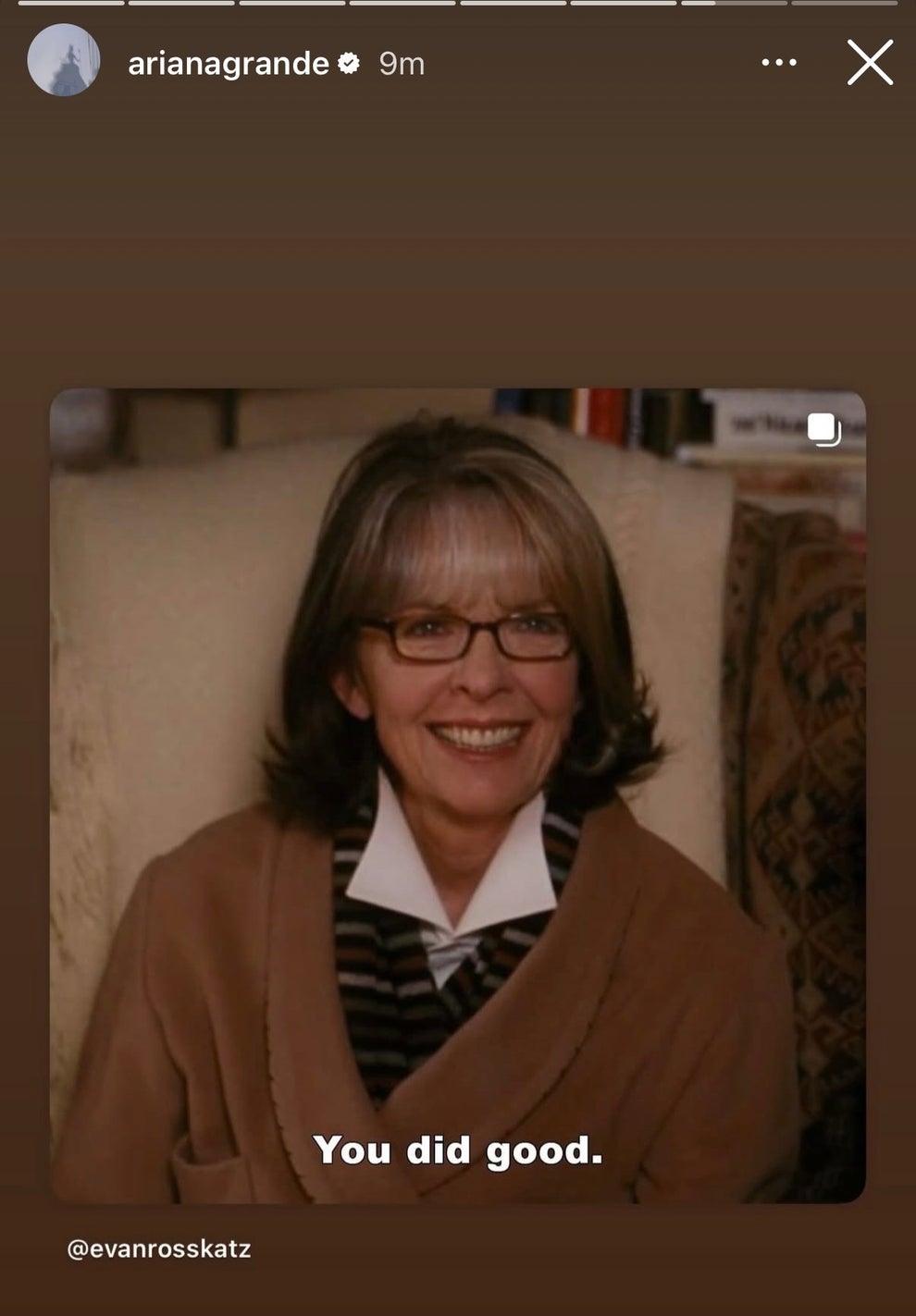 Here's How Celebrities Are Reacting To Diane Keaton's Death 31 Smiling woman, wearing glasses and a collared sweater, sits in a cozy chair with the text "You did good" over it