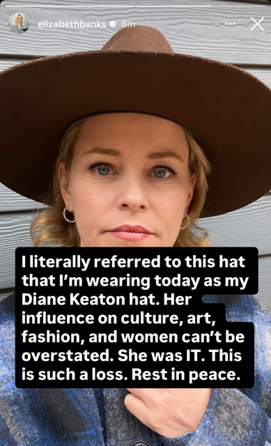 Elizabeth Banks wearing a wide-brimmed hat with text tribute