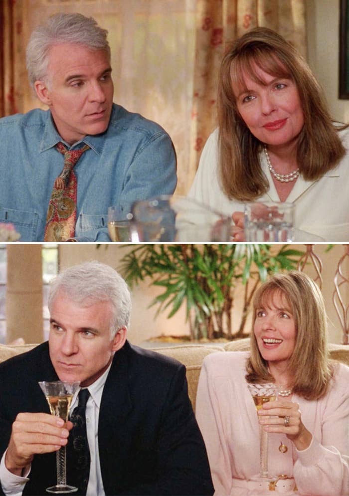 Two images of a man in a suit and a woman in elegant attire, both holding glasses, sitting together