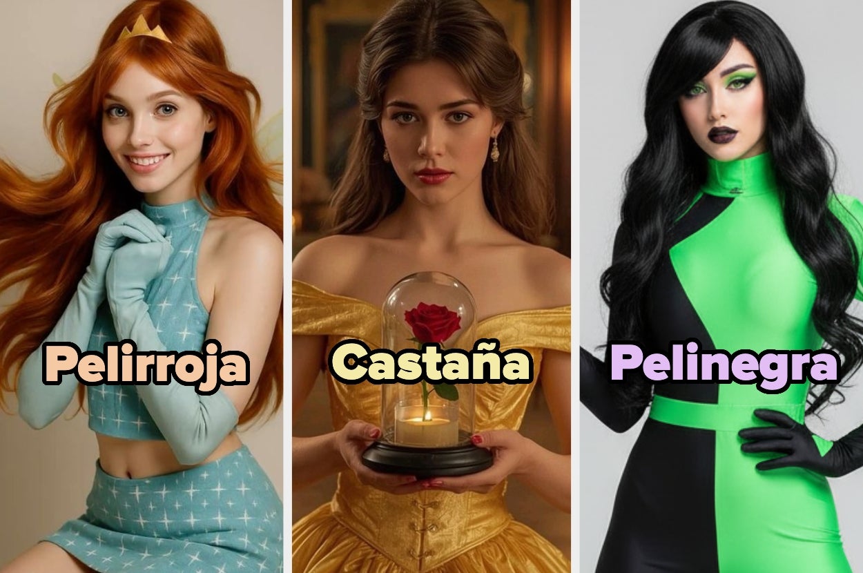 Tres mujeres con pelucas: pelirroja con guantes, castaña con vestido dorado y rosa en campana, pelinegra en atuendo futurista verde y negro