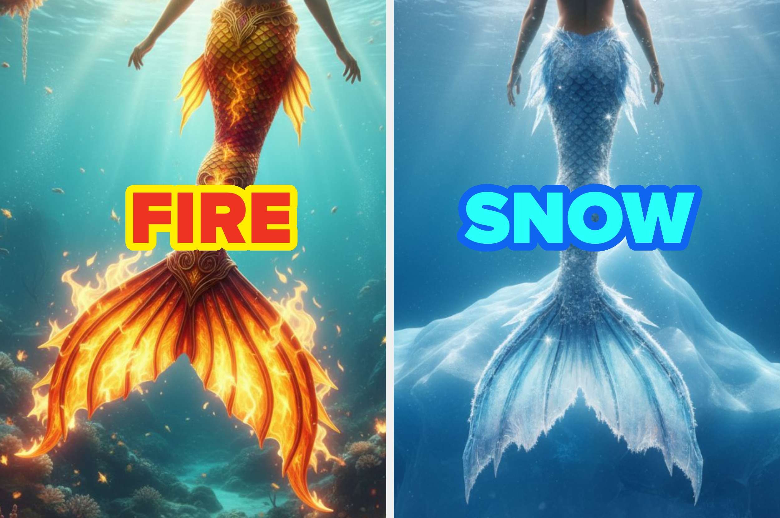 Left: Fiery mermaid tail with flames. Right: Snowy mermaid tail with ice and frost