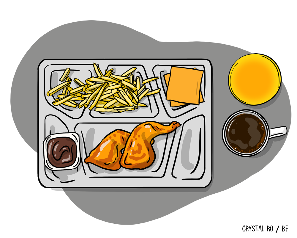 Illustration of a cafeteria tray with fries, chicken, ketchup, sliced cheese, coffee, and juice