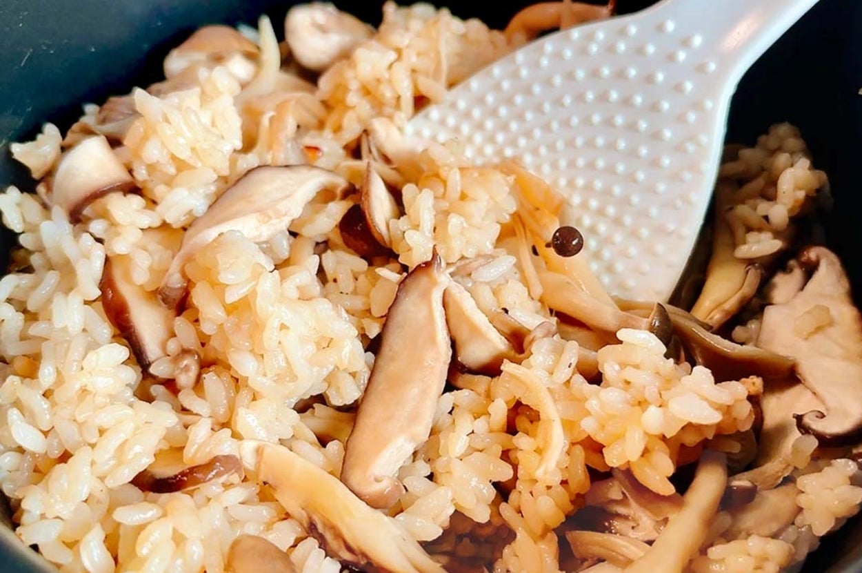 炊飯器に入ったきのことご飯の料理。プラスチックのしゃもじが添えられている。