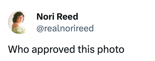 Profile picture of a person with the Twitter handle @realnorireed. Text says, "Who approved this photo."