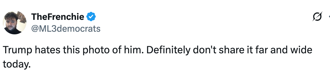 Tweet by TheFrenchie (@ML3democrats) saying, "Trump hates this photo of him. Definitely don't share it far and wide today."