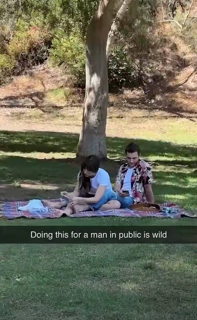 21 Low-Key Ridiculous Things Celebs Did For Money, Clout, Or Attention 2 Alison and Dave sitting on a picnic blanket in a park, her clipping his toenails Caption: "Doing this for a man in public is wild"
