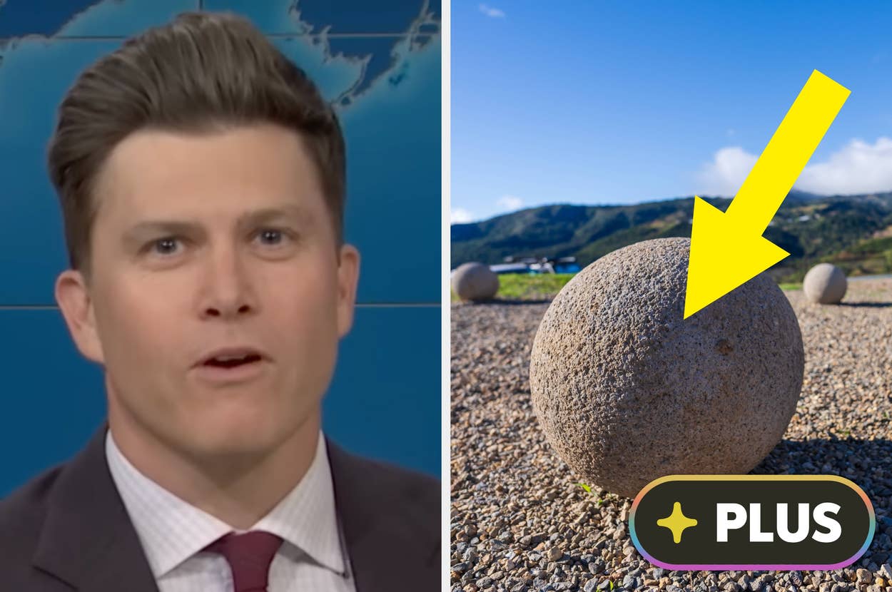 Split image: On left, a person in a suit speaks. On right, a large round stone on gravel with a yellow arrow pointing at it
