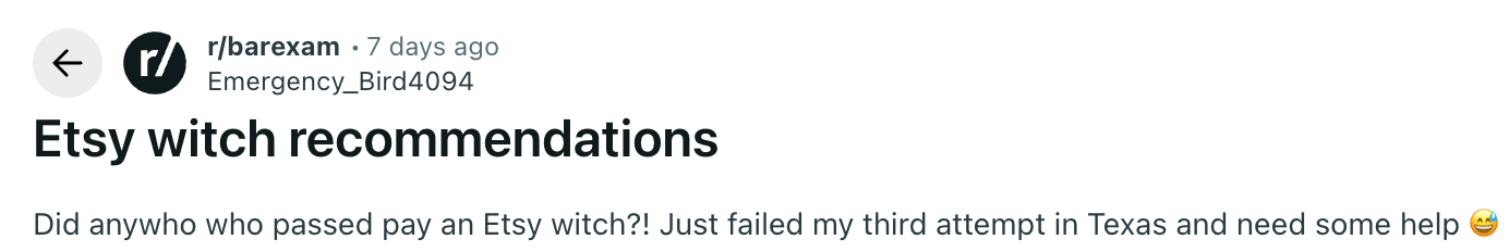 Reddit-innlegg som ber om Etsy-anbefalinger for hjelp til advokateksamen etter mislykkede flere forsøk