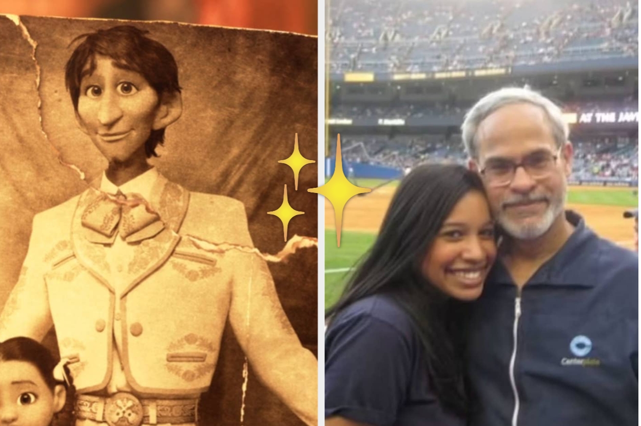 Left: Illustrated portrait of a cartoon man in vintage attire. Right: Smiling woman hugs older man in a blue jacket at a stadium