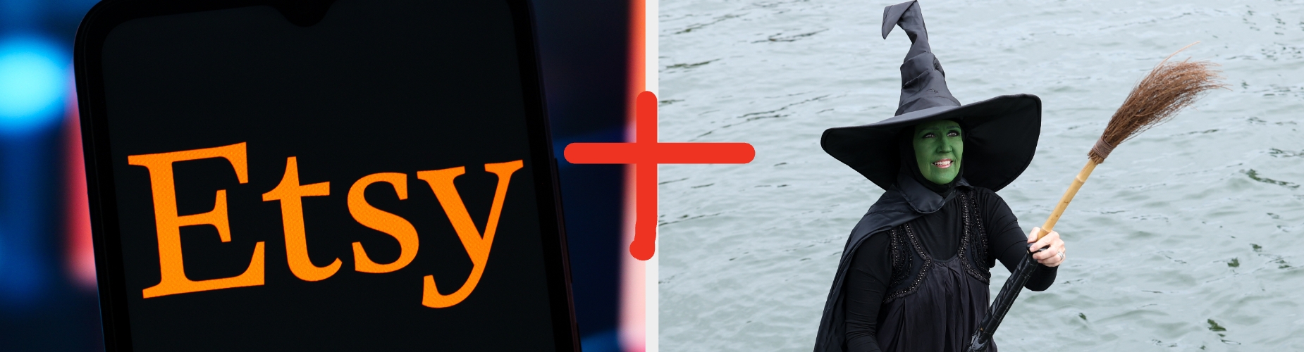 Etsy-logo med rødt plusstegn ved siden av en person i heksekostyme med kost, stående ved vann