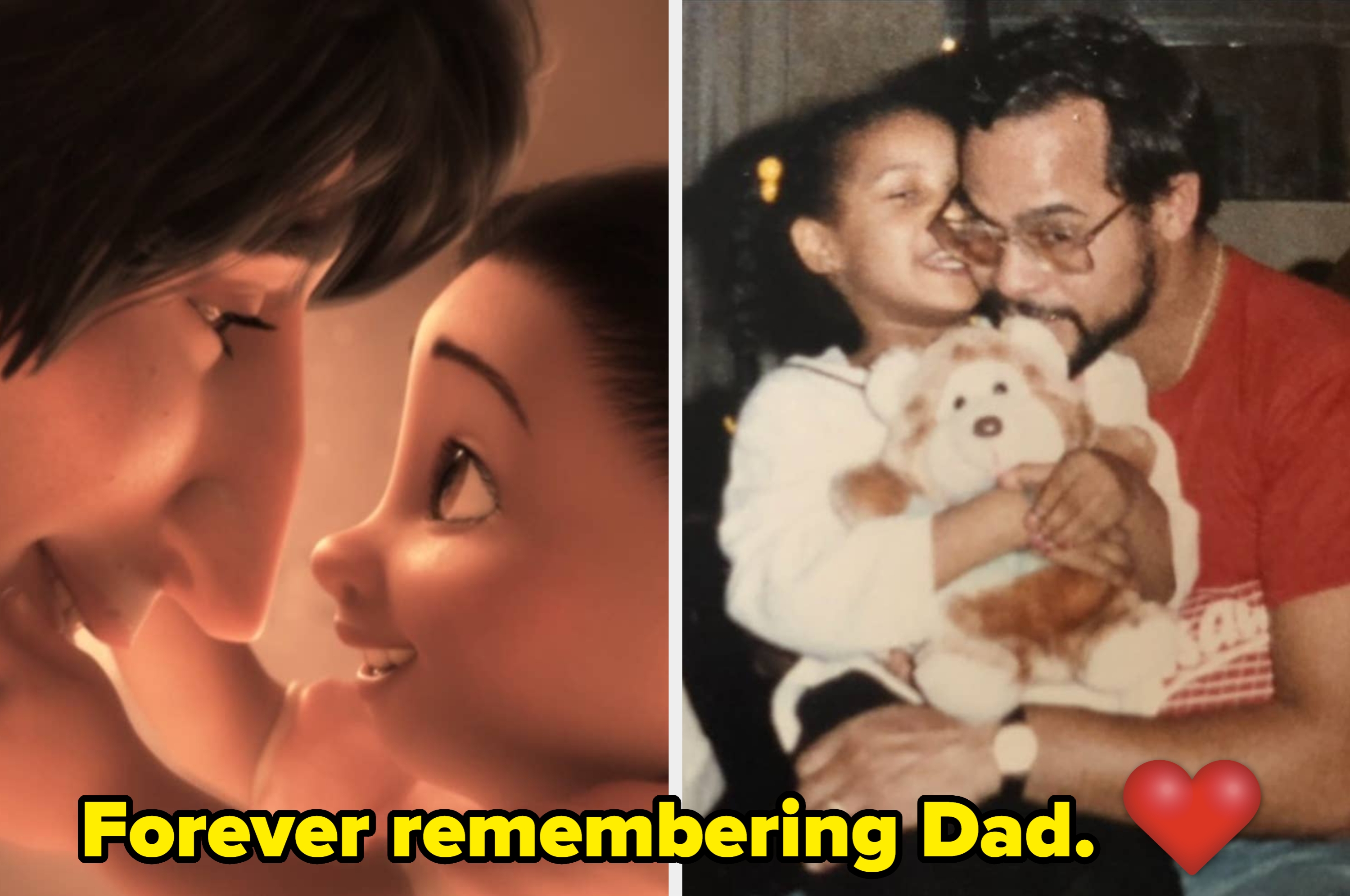 Left: Animated parent and child nuzzle. Right: Woman hugs older man at a baseball stadium. Text: "Forever remembering Dad." Heart emoji