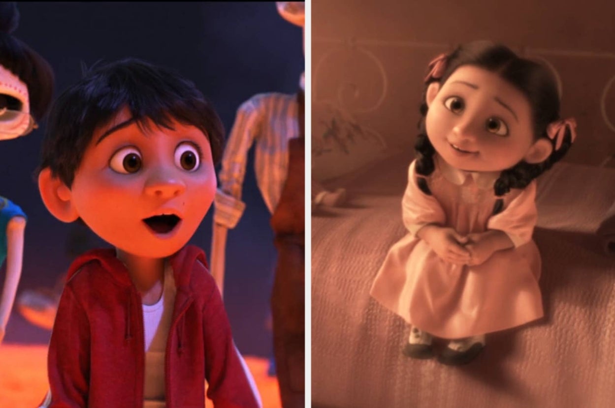 Two animated children: left, a boy with dark hair, surprised expression; right, a girl with pigtails, sitting on a bed, hands clasped, smiling