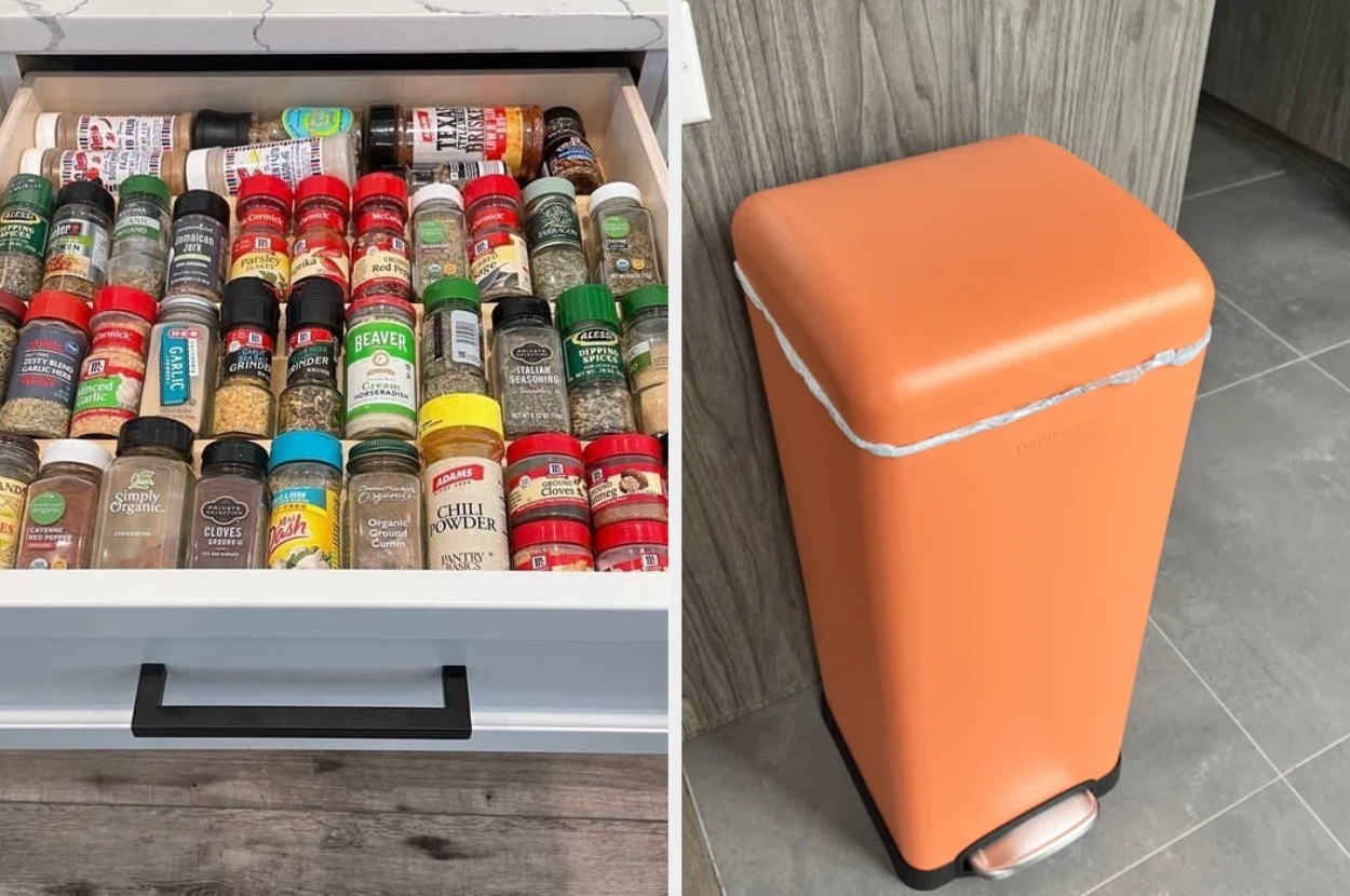 Drawer organized with a variety of spice bottles; adjacent is a sleek, orange trash can in a modern kitchen setting