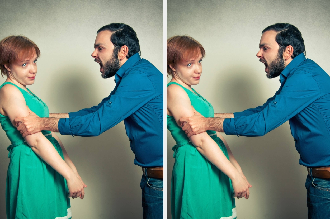 Two-part image: a man appears aggressive toward a woman, both in casual clothing and in similar poses, suggesting repeated behavior