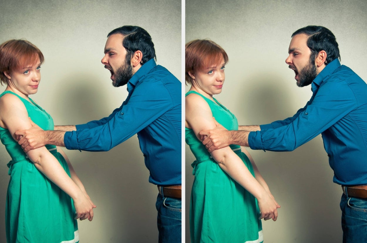 Two-part image: a man appears aggressive toward a woman, both in casual clothing and in similar poses, suggesting repeated behavior