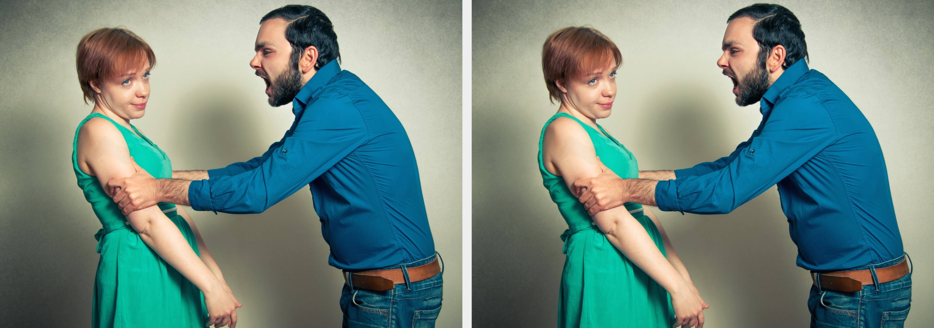 Two-part image: a man appears aggressive toward a woman, both in casual clothing and in similar poses, suggesting repeated behavior