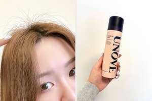 女性が指で髪を指差している近接写真。