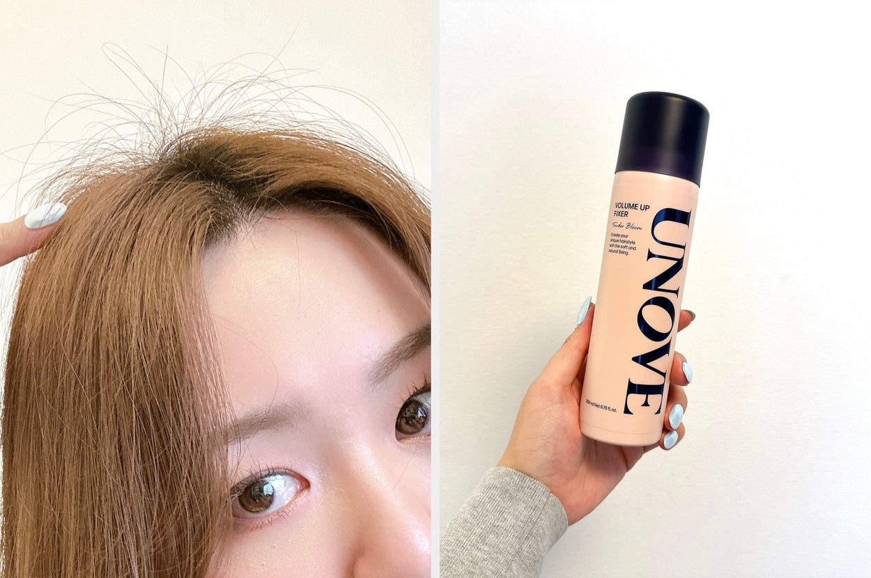 女性が指で髪を指差している近接写真。