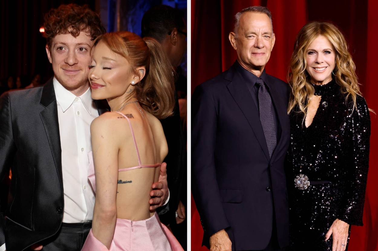 Two couples at an event: left, a man in a suit with a woman in a pink dress; right, a man in a suit with a woman in a black sequined gown