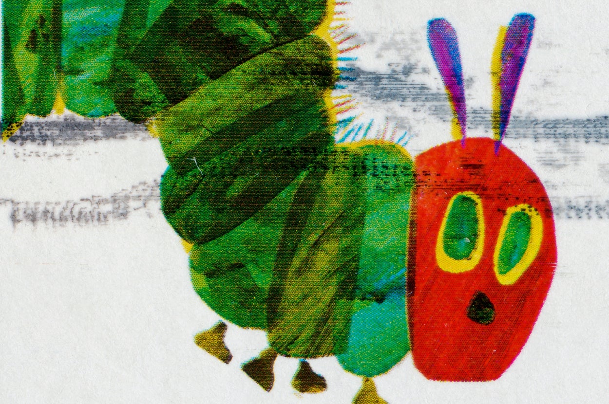 切手のデザインは、エリック・カールの「はらぺこあおむし」を描いたイラストです。