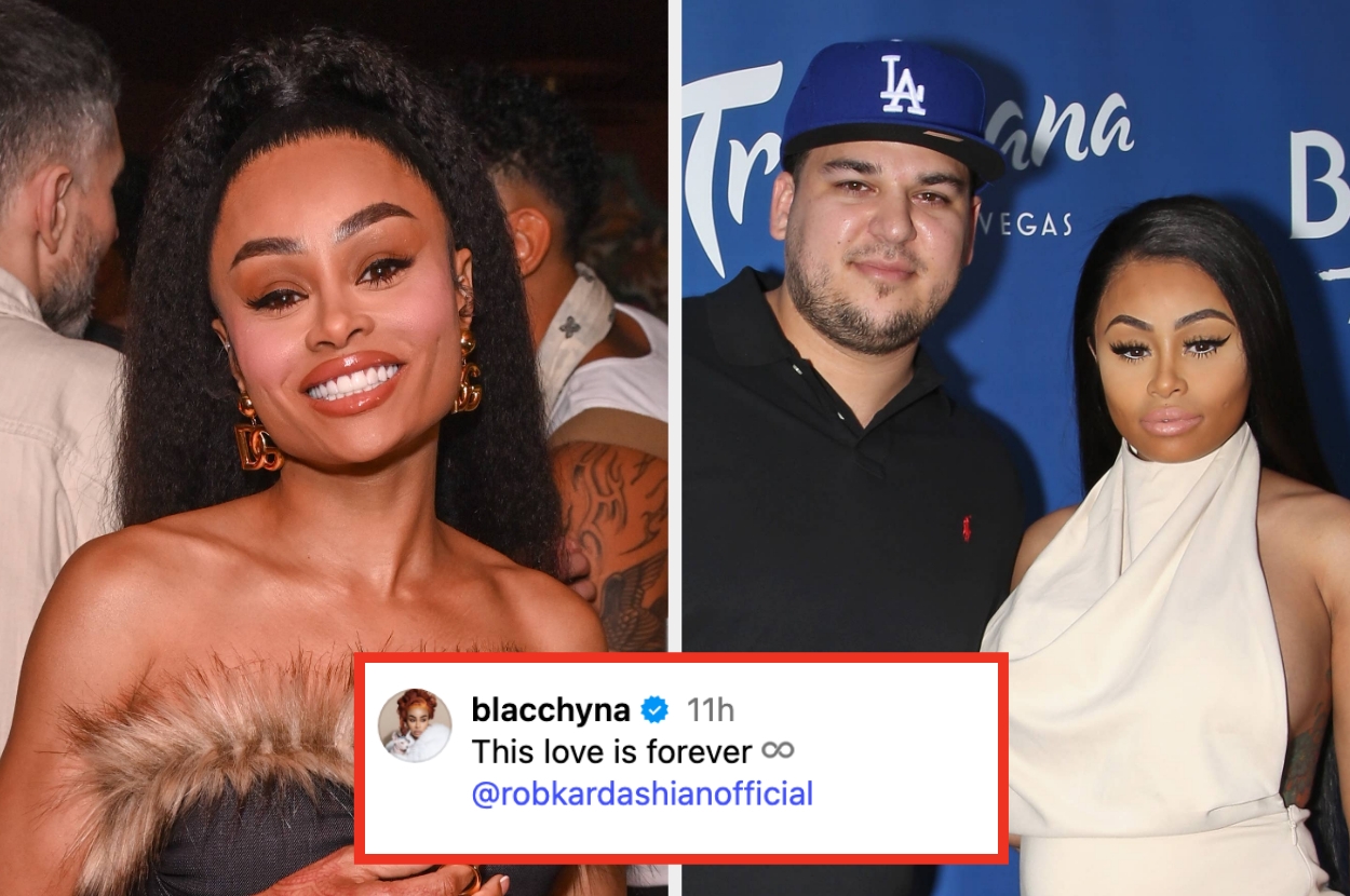 Two images of Blac Chyna, one smiling at an event, the other posed with Rob Kardashian. Overlaid caption from her reads: "This love is forever ∞ @robkardashianofficial"