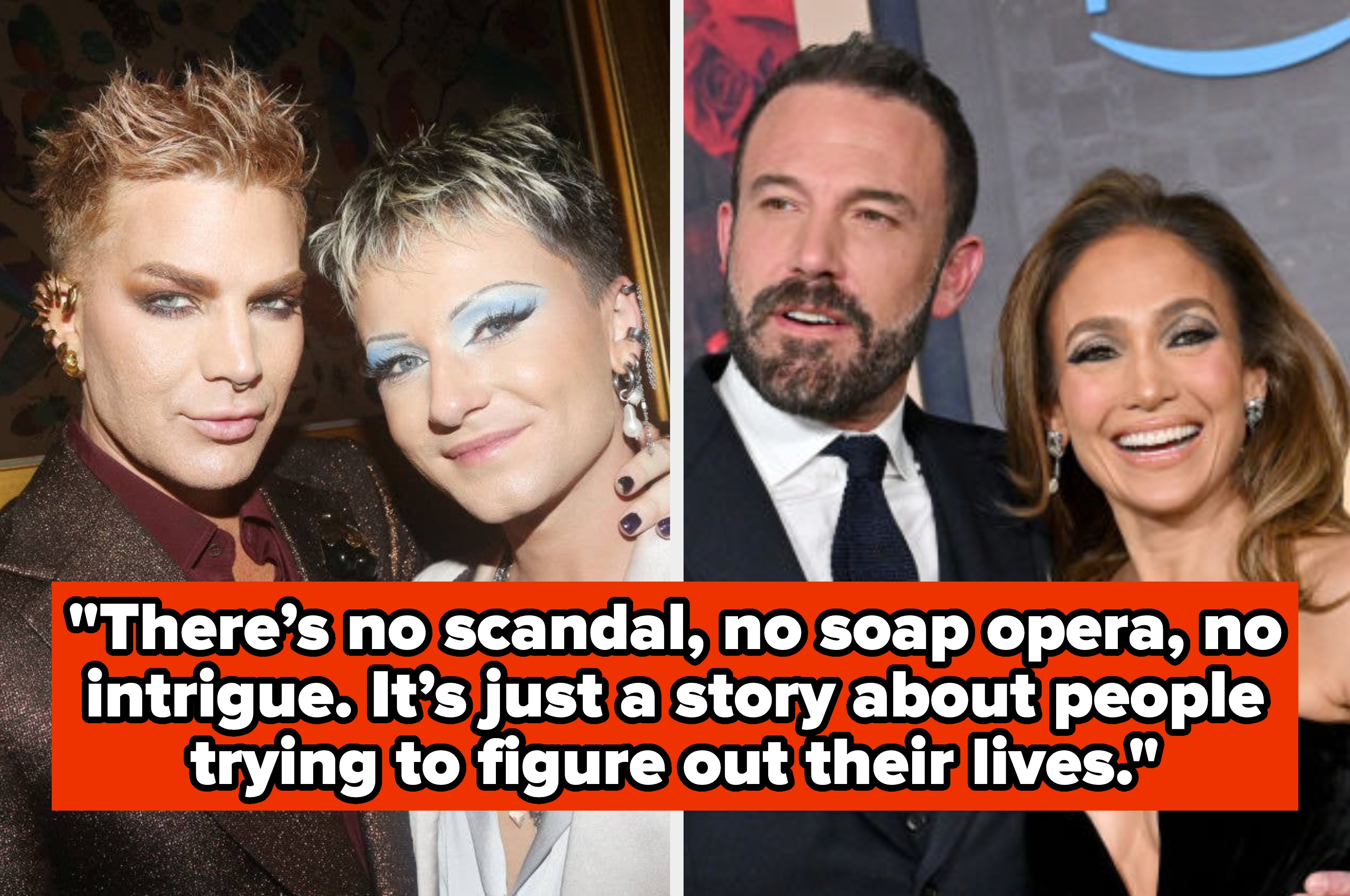 Two images: Left - two individuals embracing with stylish outfits and makeup. Right - a person appears emotional. Caption suggests a breakup and album inspiration