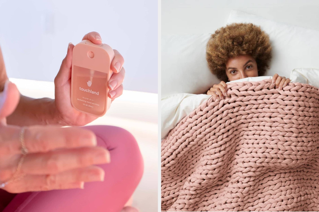 Person holding hand sanitizer; model in bed with chunky knit blanket
