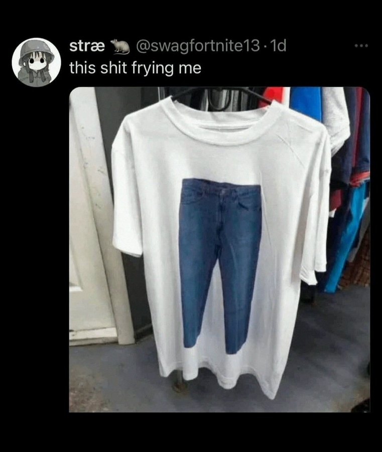 White T-shirt with a printed image of blue jeans on it, displayed on a rack