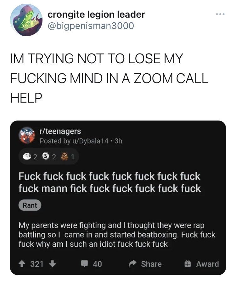 Tweet with a user sharing a post from a subreddit. The post describes stress during a Zoom call while dealing with parents fighting