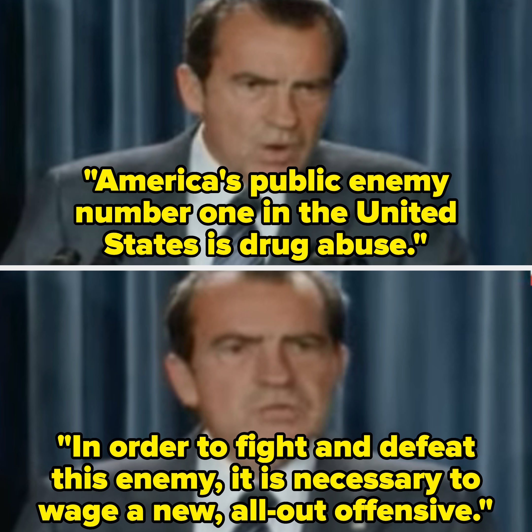 Two images of President Nixon speaking, highlighting his connection   connected  declaring drugs arsenic  nationalist   force  fig   1  and advocating for a caller   offensive