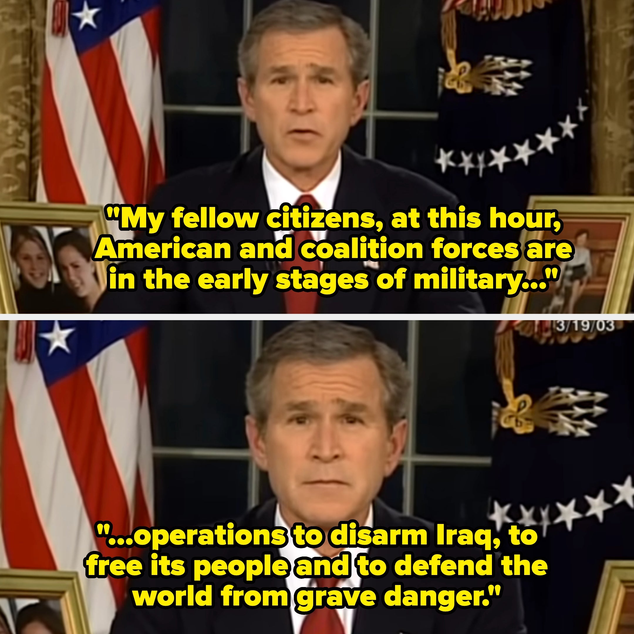 Bush delivering a code   to denote  the Iraq war