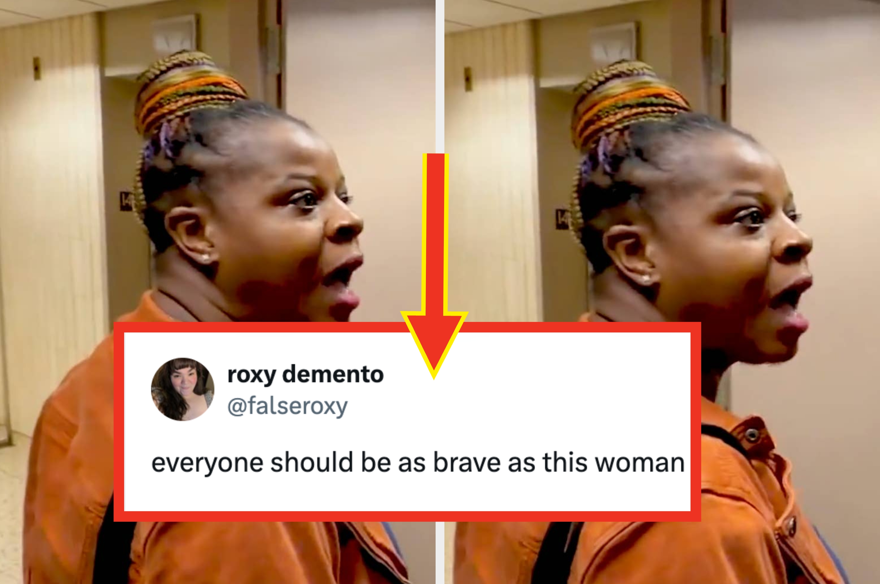 A surprised woman with braided hair is shown next to a tweet reading, "everyone should be as brave as this woman."