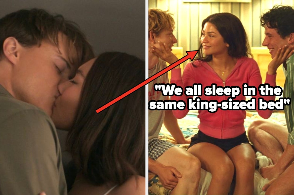 A couple kisses; another image shows three people seated on a bed, with text: "We all sleep in the same king-sized bed."