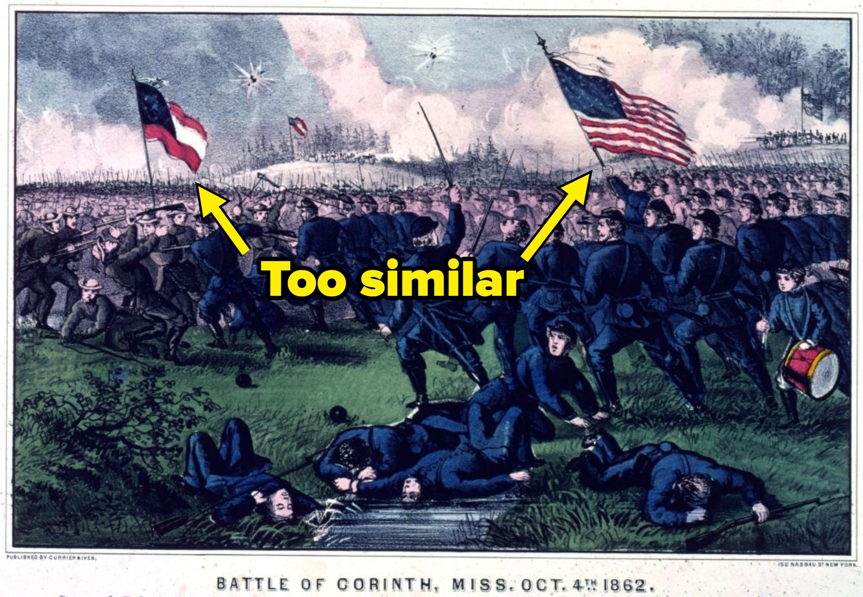  Union and Confederate soldiers fighting, flags flying, and soldiers fallen connected  the ground. Arrow points to flags and notes their similarities