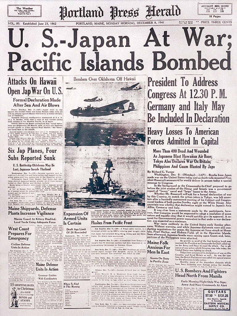  "U.S.-Japan At War; Pacific Islands Bombed" with details connected  the Pearl Harbor onslaught  and President's upcoming address