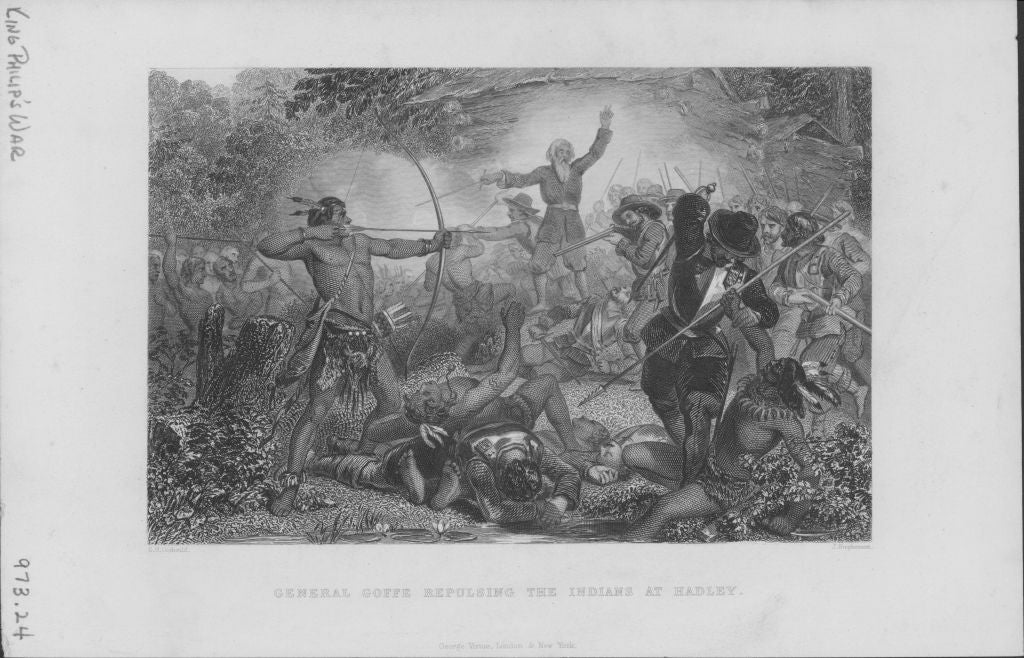 Historical engraving depicting a combat  betwixt  Indigenous radical   and settlers, with 1  fig  aiming a bow and others successful  combat
