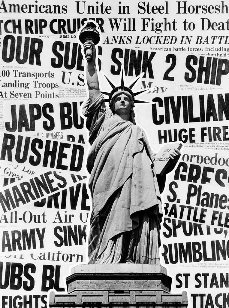 Statue of Liberty successful  beforehand   of galore  overlapping WWII paper  headlines, emphasizing warfare  and struggle  themes