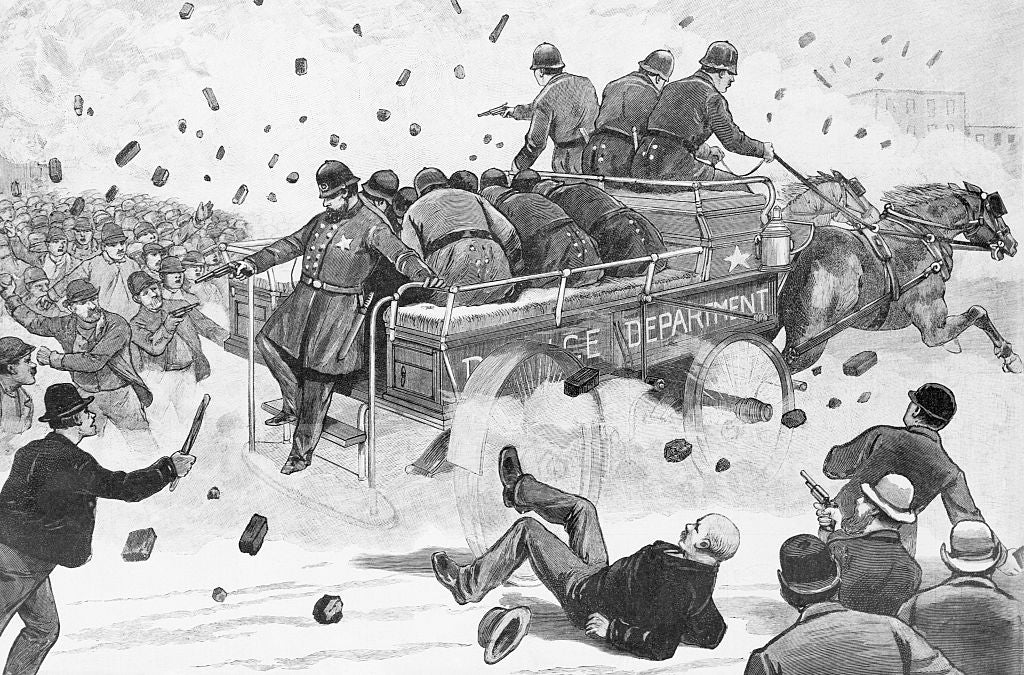 Historic illustration of constabulary  connected  horseback dispersing a assemblage  with batons