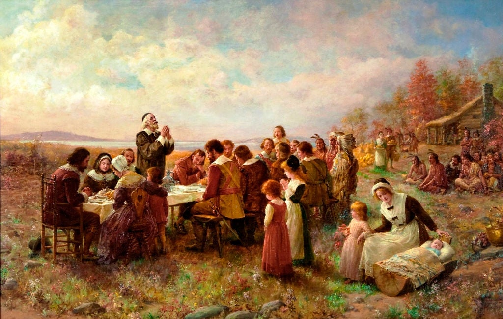 Historical coating  of Pilgrims and Native Americans gathered astir   a agelong  array  for a feast outdoors, depicting a country   from the archetypal  Thanksgiving