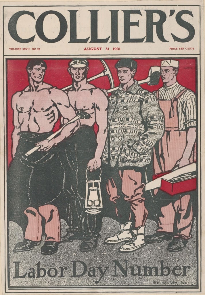 Magazine screen  illustration of 4  laborers holding tools, titled "Collier's Labor Day Number," dated August 31, 1901