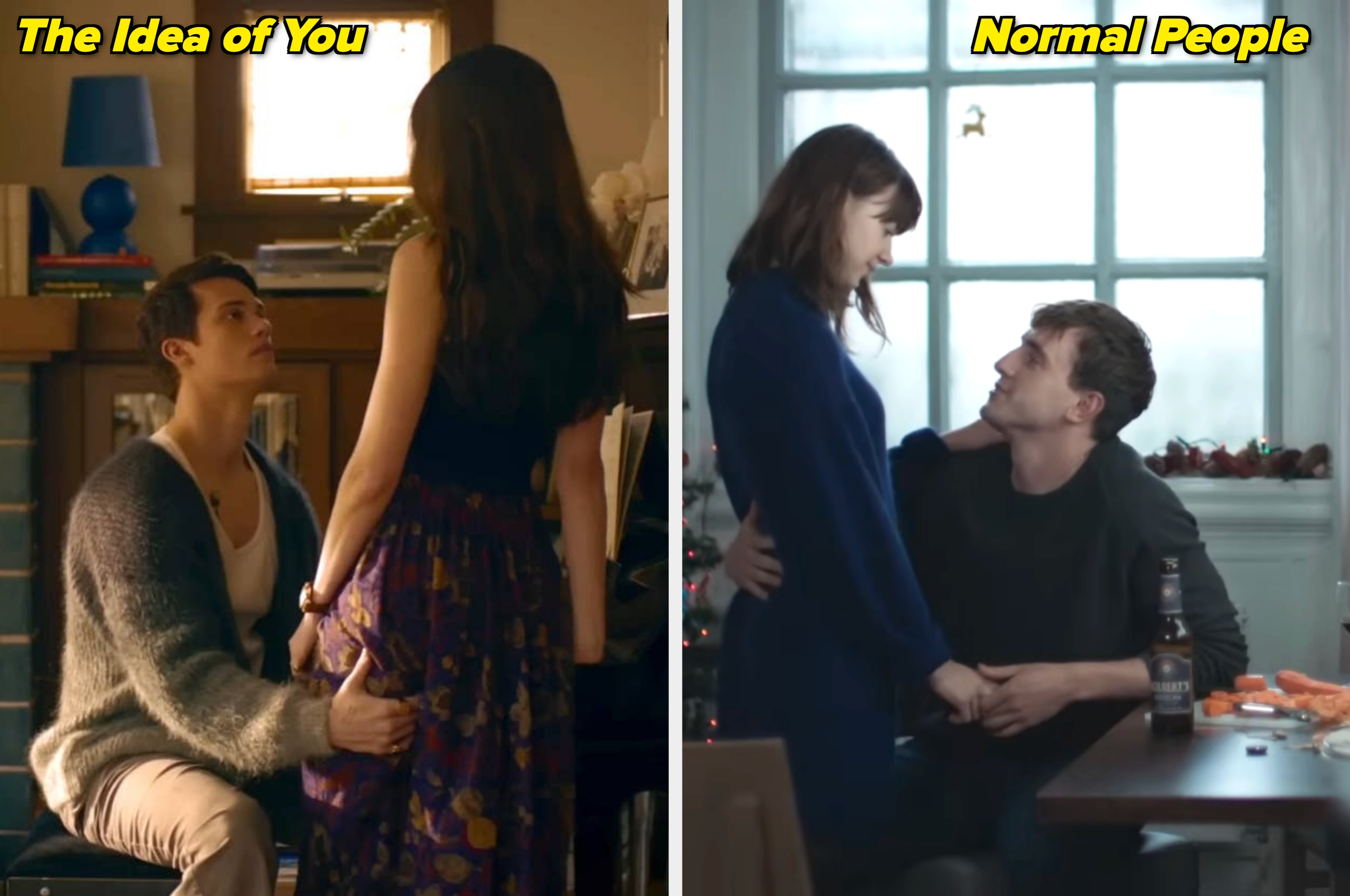 Two separate images: First shows a romantic scene with one person leaning over another. Second shows a smiling couple dressed in 70s-inspired outfits