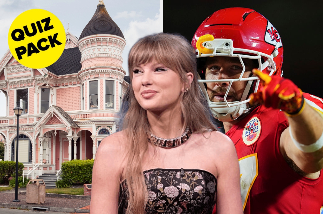 Taylor Swift in a floral strapless dress is next to a Travis Kelce in uniform, with a Victorian house in the background and a "Quiz Pack" label